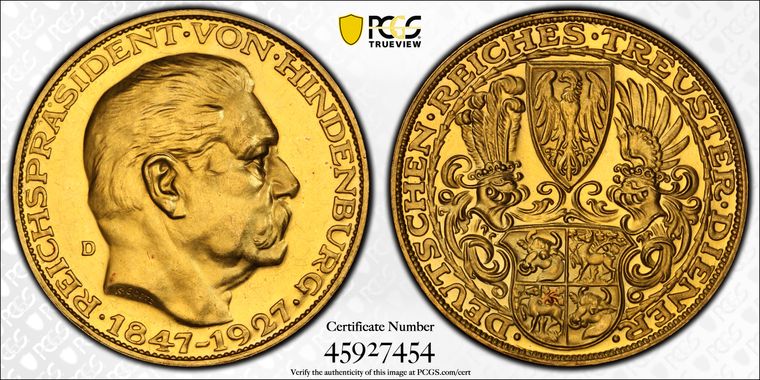 1927年 ドイツ ヒンデンブルク大統領 生誕80周年記念金メダル(PCGS