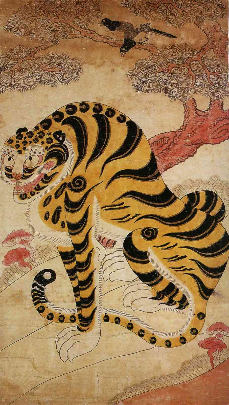 時代物 李朝 水墨画 虎 鳥 韓モノ 骨董 古玩 無銘 時代物 李朝 水墨画 虎