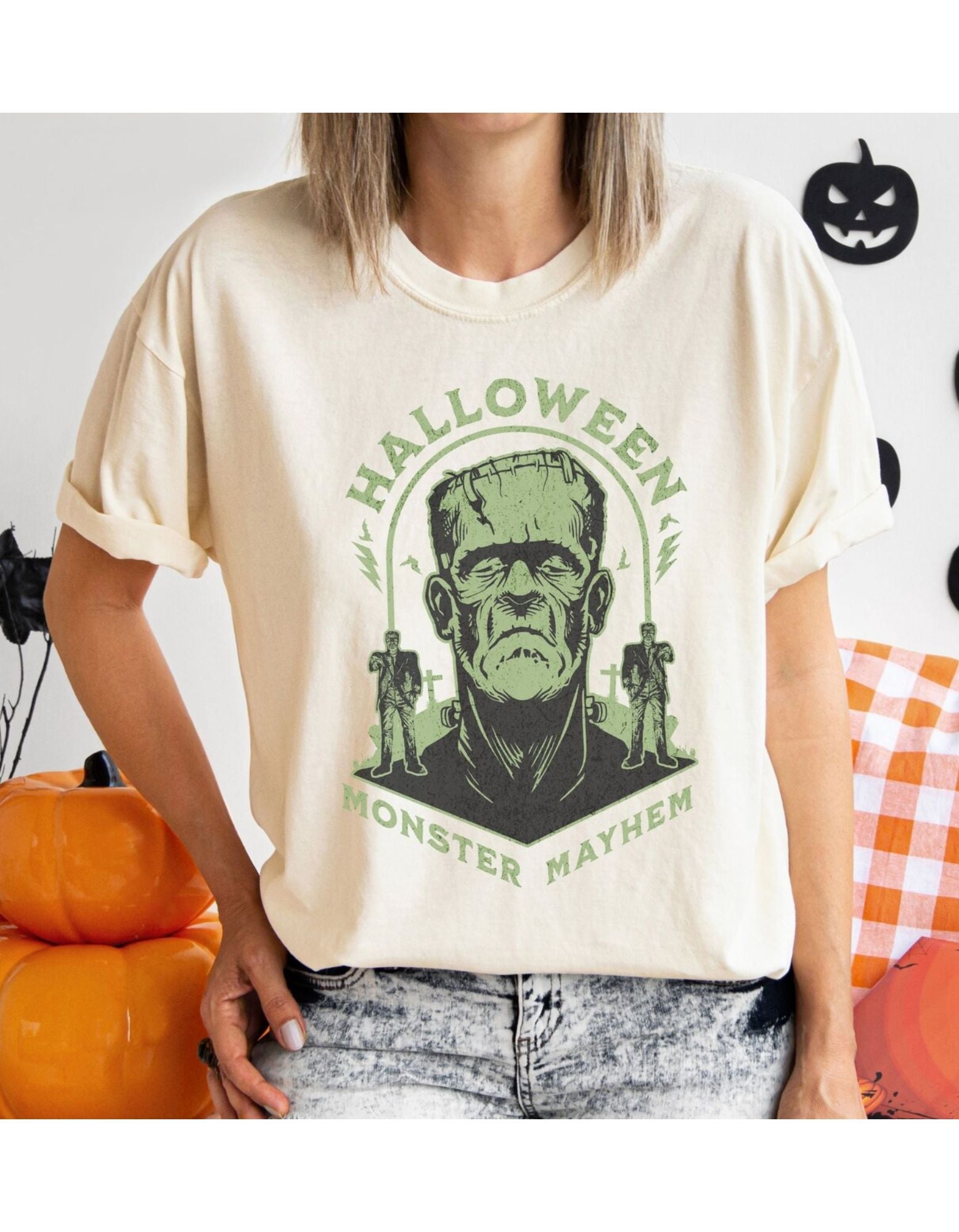 Vintage Halloween Frankenstein Monster Graphic Tee, Creepy Spooky