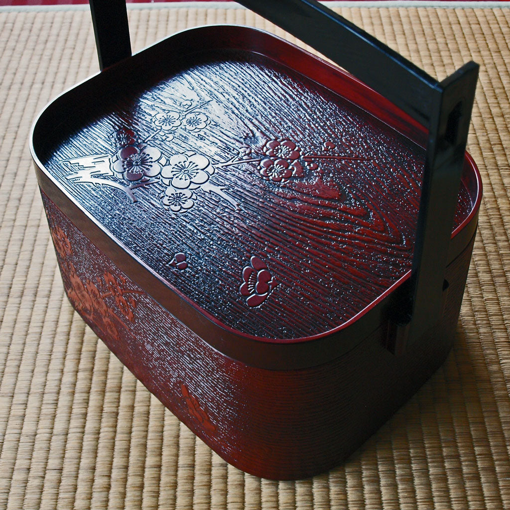 AC74 茶櫃 手付茶びつ 春図 漆絵 梅 うぐいす木製漆 アンティーク 木箱