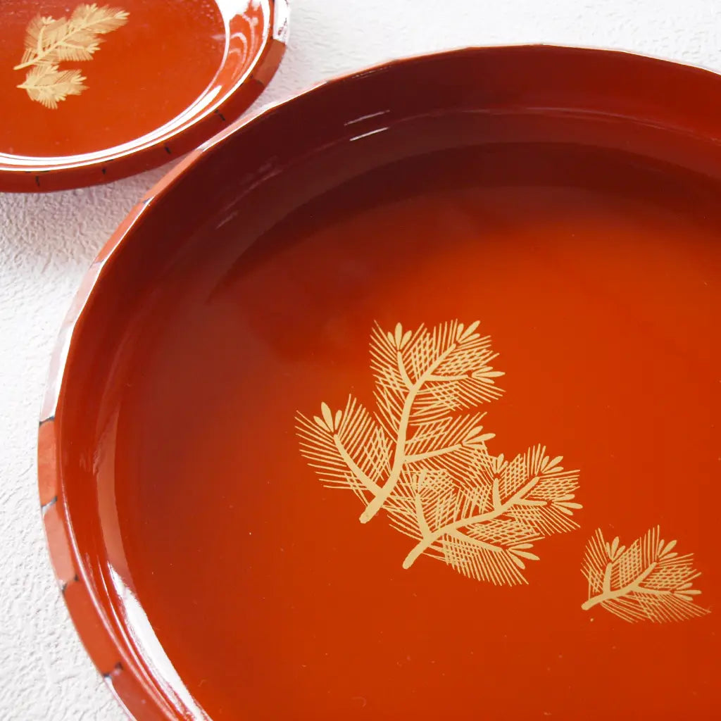 菓子器・盛器/銘々皿5枚set・根来塗・金松葉絵付・昭和レトロ – かく丸