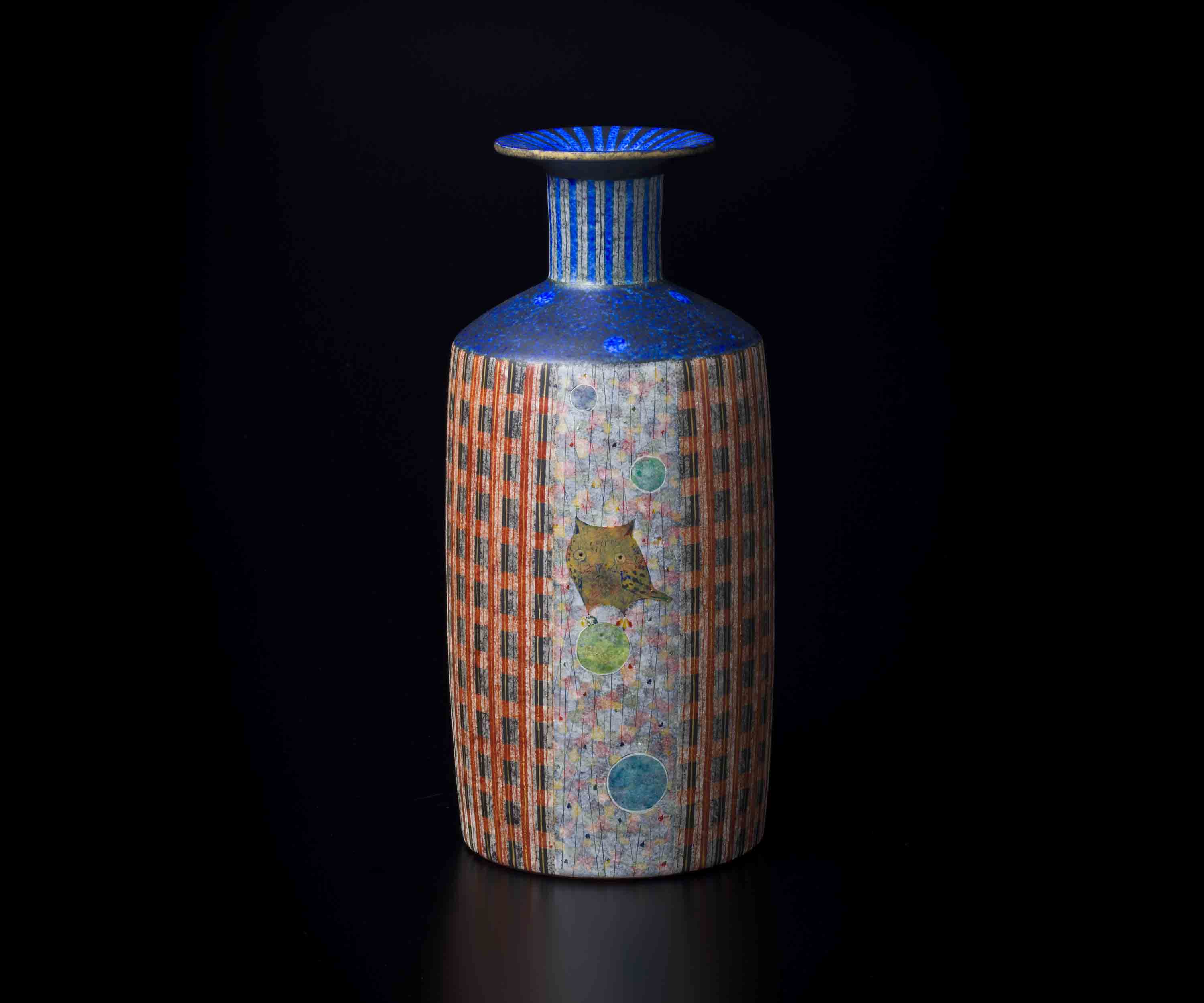 人気作家 伊藤 北斗 釉刻色絵金銀彩 茶入 バラ 魚 四方桟 共箱 e166