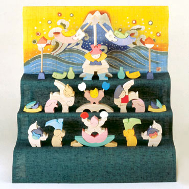 小黒三郎 組み木 五月人形 楕円武者三段飾り 特製垂幕・富士 木の