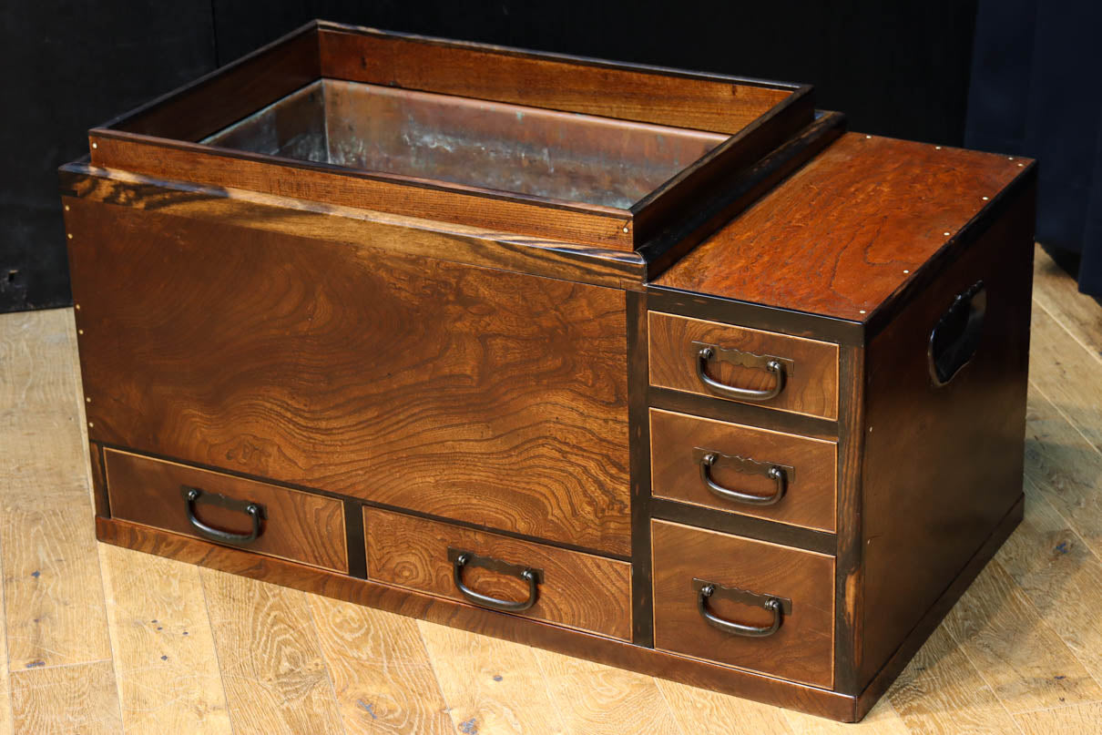 ダークブラウン 木製 大正時代の火鉢 5引き出し ダークブラウン 木製