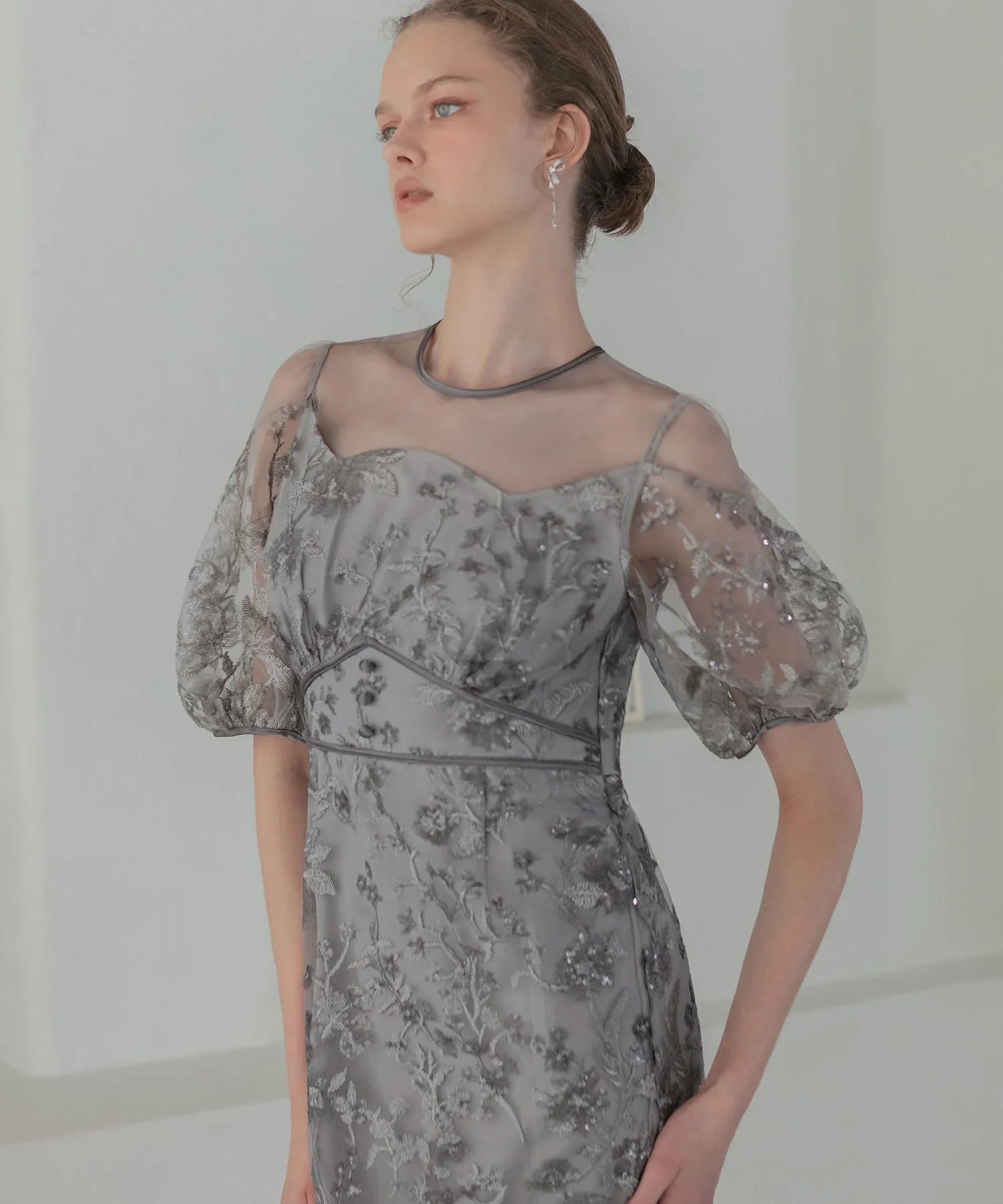 当日発送】フラワーディテールパフスリーブIラインワンピース結婚式ドレス