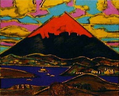 田崎廣助「阿蘇山」リトグラフ 印章有 発行証明書有 額縁入り 田崎広助