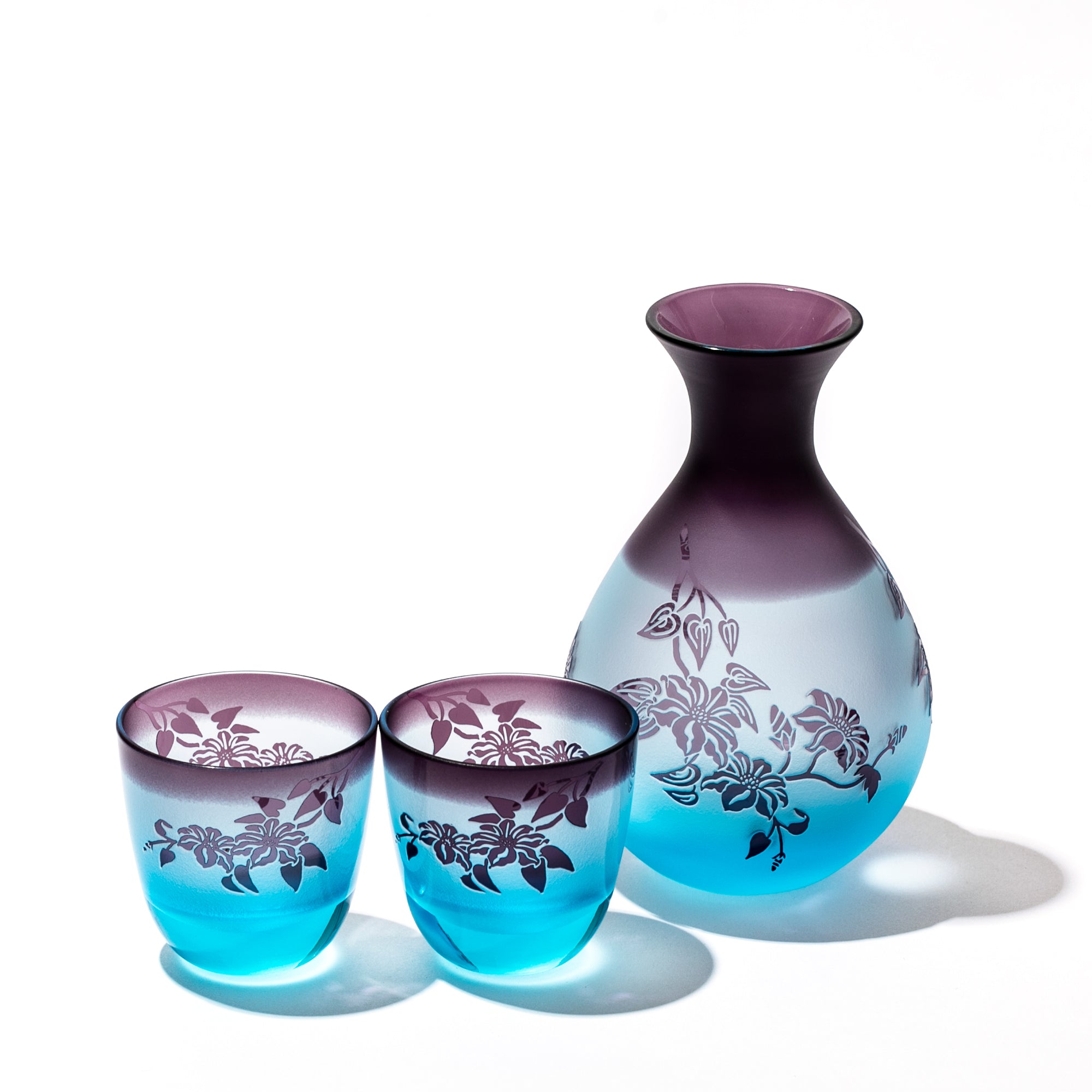 彫刻 夢柄子 鉄線紋 酒器三点揃 ブルー/パープル 盃55ml 徳利210ml