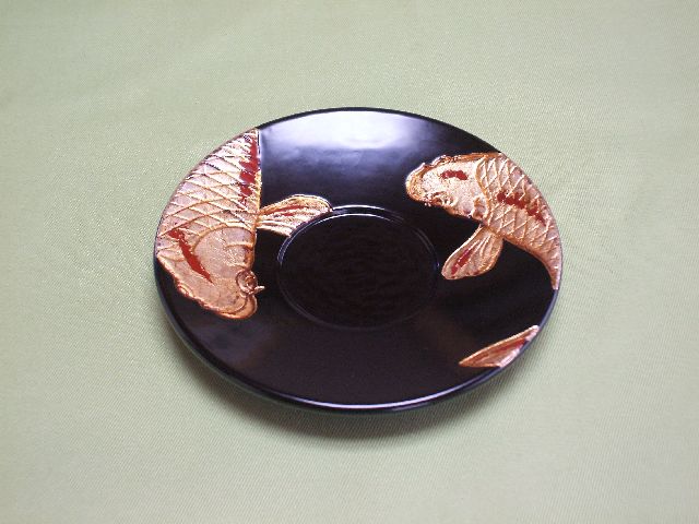 レア物、漆塗り鎌倉彫のモダン茶托5客 レア物、漆塗り鎌倉彫のモダン