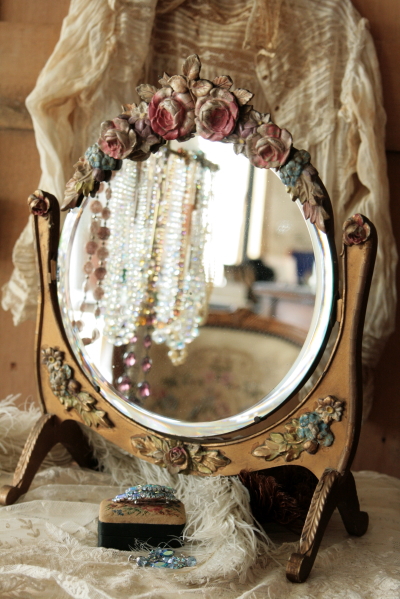 英国アンティークバーボラミラー/鏡/薔薇/ローズ柄 H33