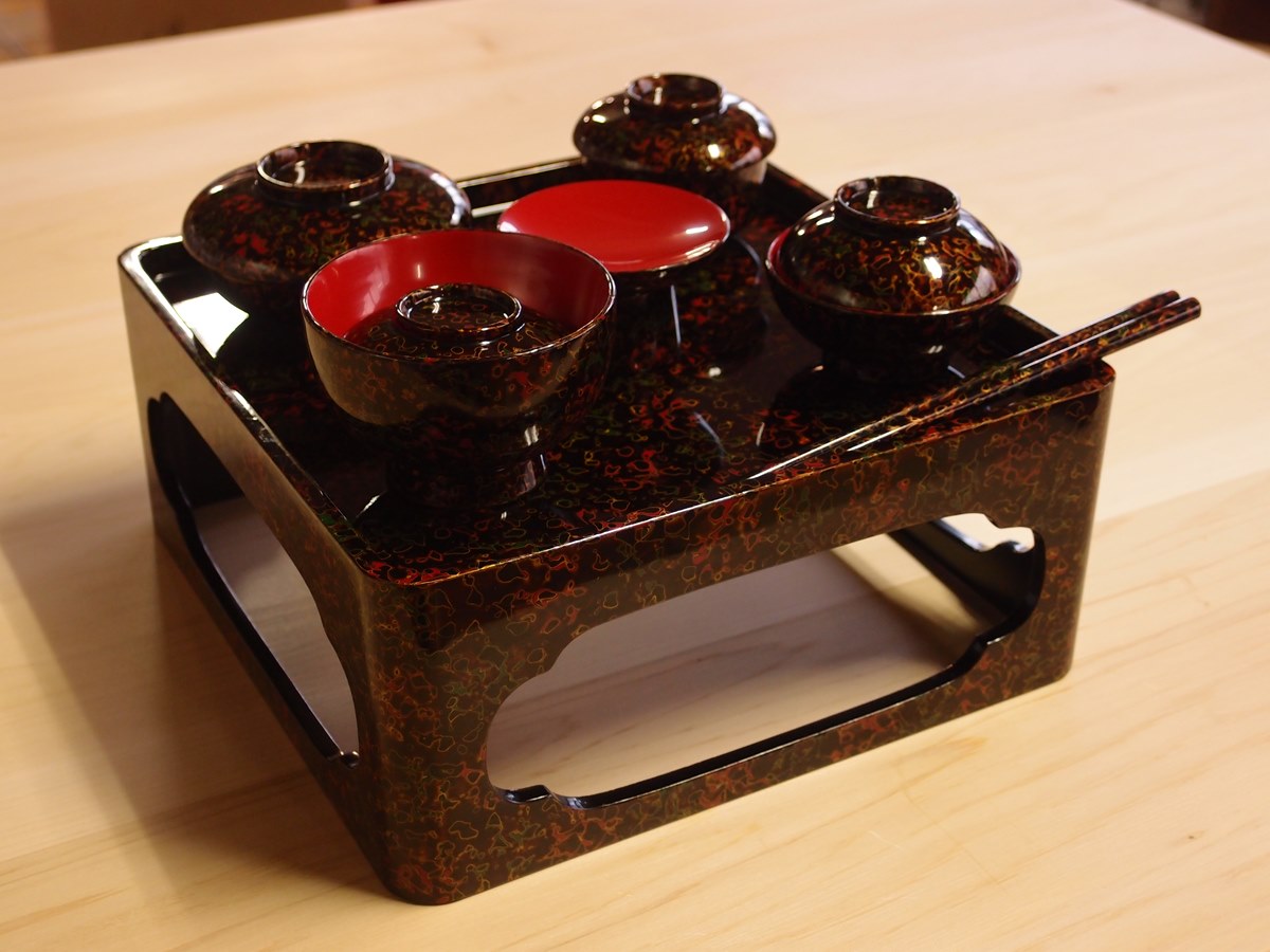 蔵出し！✴︎津軽塗・唐塗長手浅堀盆・卓上盆『おもてなし膳』5膳 ✴︎