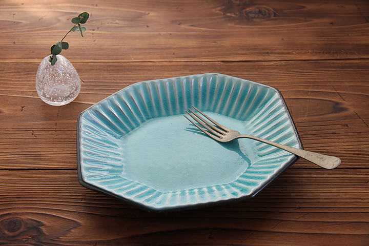 雅峰窯】八角皿/しのぎ/トルコブルー/（横 22.5cm） | 【丹波の