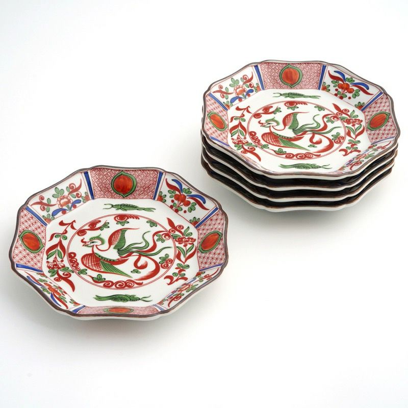 2132 明治時期 九谷焼 加賀亀田製 金彩 赤絵 人物文 皿 5客 時代物 2132