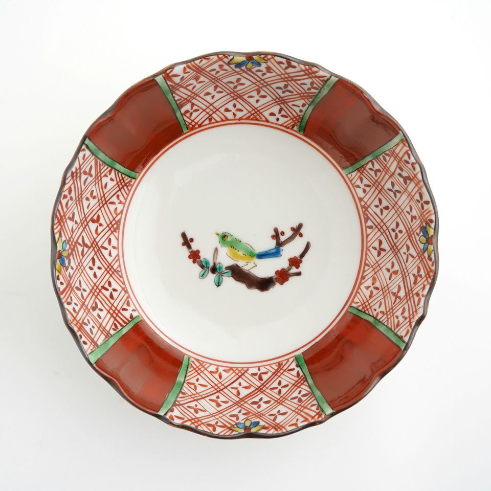 九谷 金彩赤絵 花鳥紋 細密画 皿 六客 明治 DT378 九谷 金彩赤絵 花鳥