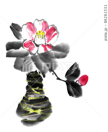 水墨画技法で描いた花瓶の椿のイラスト素材 [86261531] - PIXTA