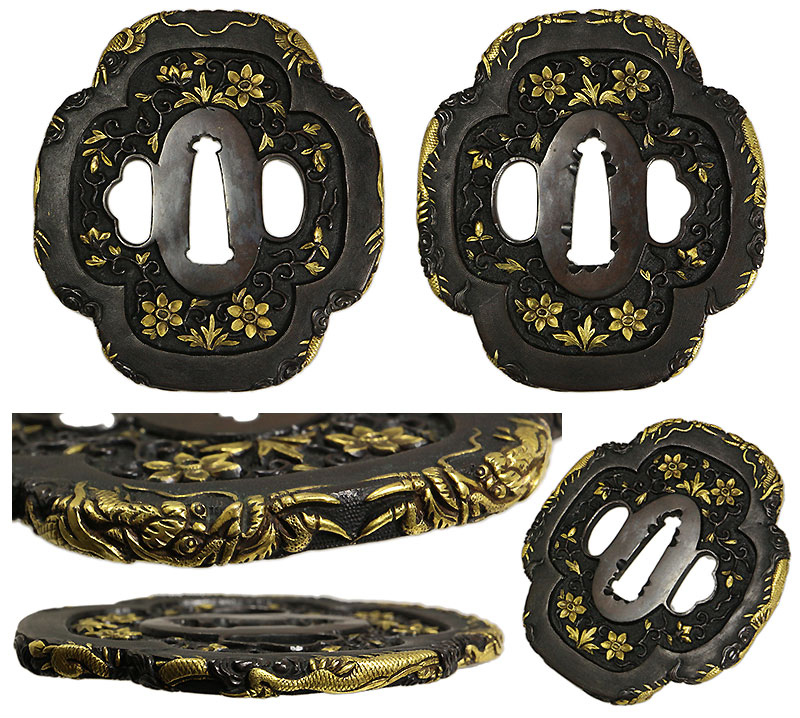 銅製七宝三つ葉葵文鐔 刀装具 一對 桐箱付 V356 1F28 銅製