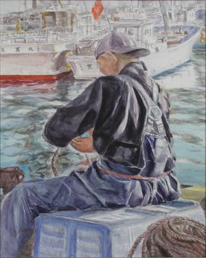 水彩画 石狩厚田区古潭の港町 風景画 サイズは45.5✕53cm 水彩画 石狩