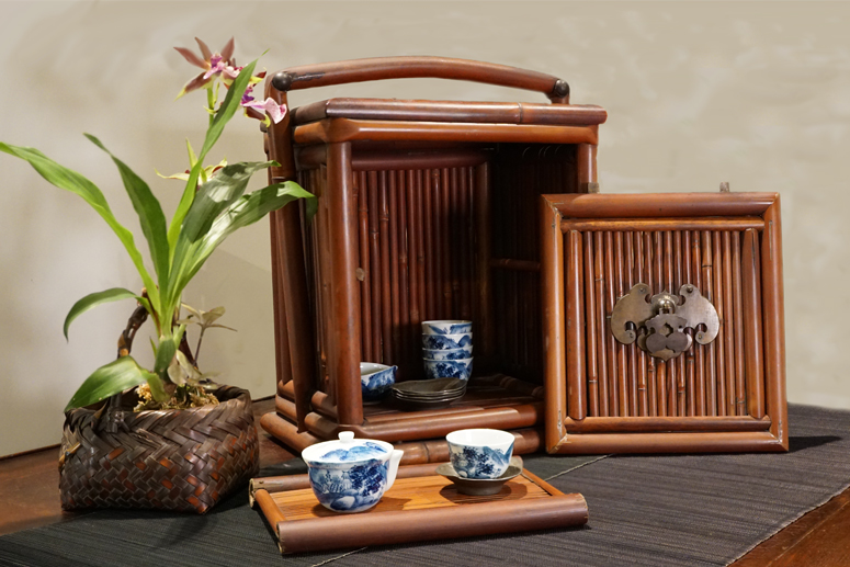 小竹雲斎 造 煤竹 透編 提梁 楕円 盛籃 】 煎茶道具 竹工芸 竹籠