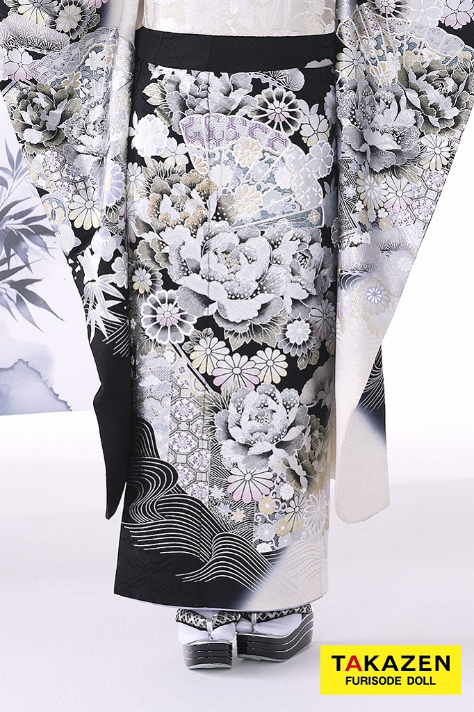 振袖 フルセット6点サイズL孔雀花文 暈し染 黒地 銀彩 正絹 振袖 フル