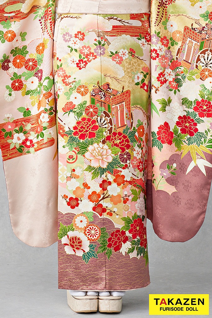 最高級古典柄振袖 吉澤織物/文楽/人間国宝吉田簑助 白/ピンクベージュ