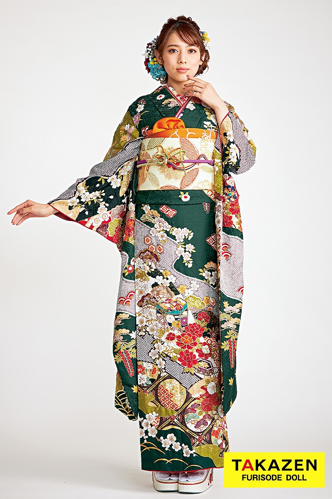 正統派古典 緑/グリーン 貝桶柄/絞り/柄小さい はんなり 晴れ着ネット