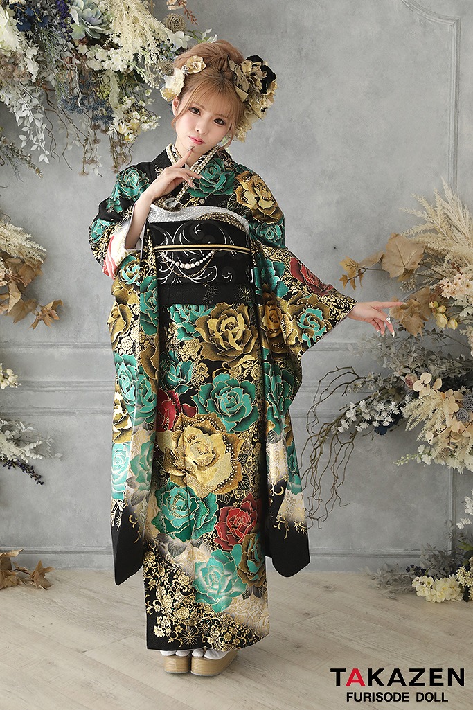 グラマラスモード 赤/黒/グリーン(緑色) バラ柄 目立つ 派手振袖ネット