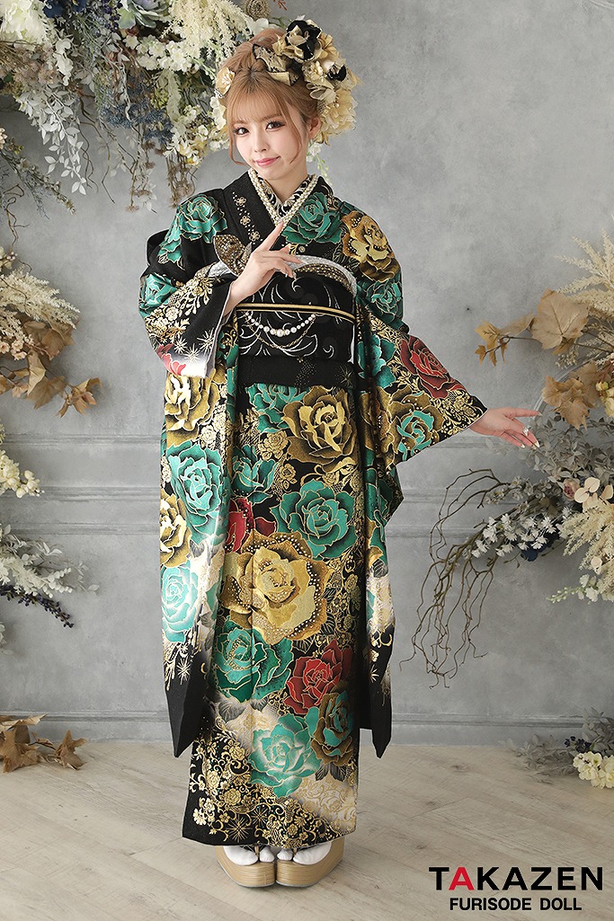 グラマラスモード 赤/黒/グリーン(緑色) バラ柄 目立つ 派手振袖ネット