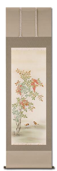 南天に雀 佐藤景月 （尺五立）肉筆！ 冬 - 掛け軸（掛軸）販売通販なら