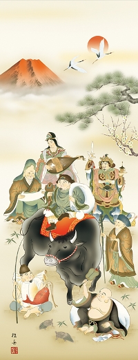 七福吉祥牛図 長江桂舟 尺五 【うし・牛・丑・干支 】 干支 - 掛け軸