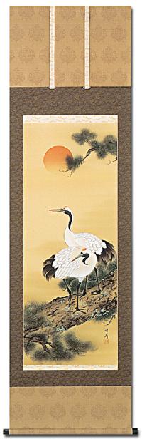 富士山と鶴の掛軸 木製収納ケース付き 富士山と鶴の掛軸 木製収納