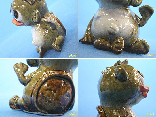 河童囲碁置物陶器 【珍品】時代物 織部焼 織部釉 河童(カッパ)の囲碁打