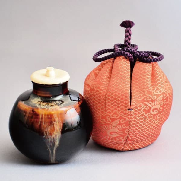 茶道具 京焼 洛東 桶谷定一作 瀬戸釉 肩衝茶入 仕覆付 共箱 V R7143