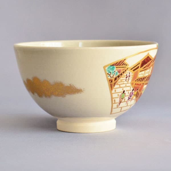 膳所焼 陽炎園 色絵 しだれ桜 茶碗 初代 岩崎健三 琵琶湖の風景絵 膳所