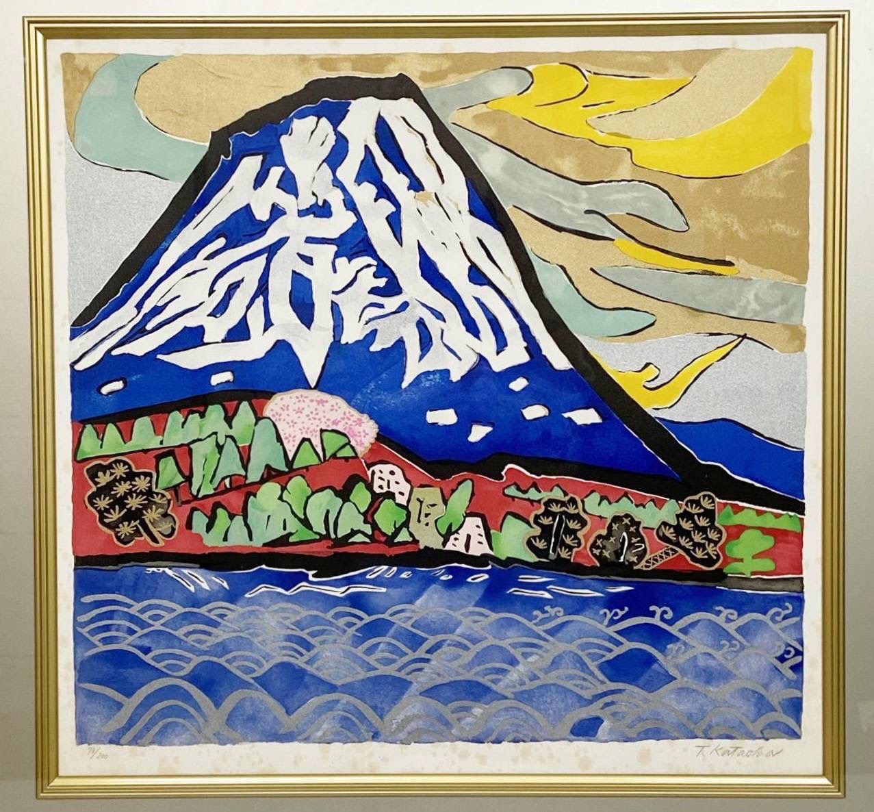 F6号】片岡球子（桜咲く富士）手描き/表裏サイン有り/油彩/アクリル