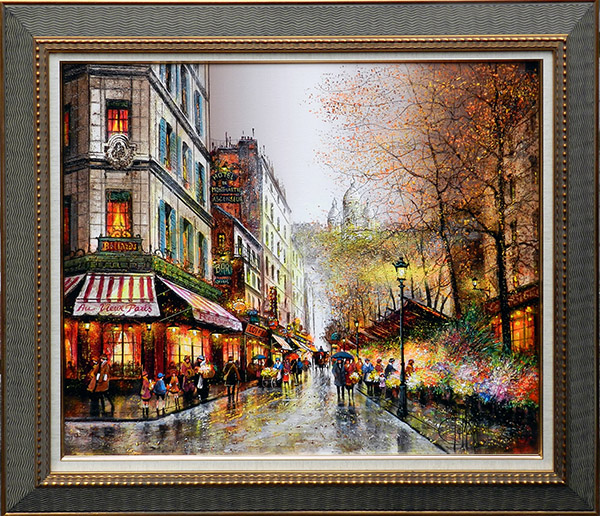 油彩画】冬のパリ・セーヌ川風景（サイン入り／ヨーロッパ調