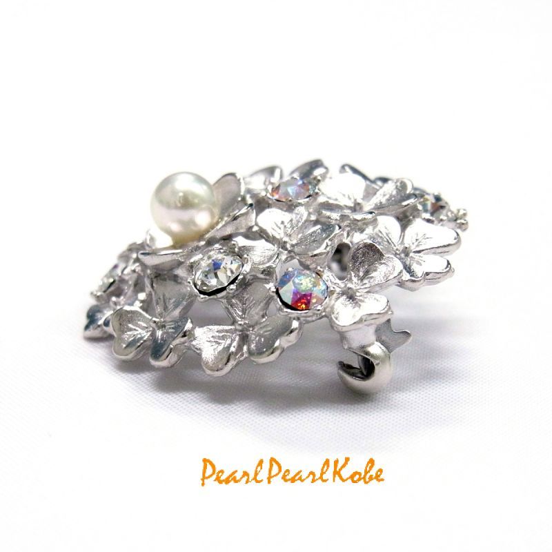 パールブローチ 紫陽花 本真珠 アコヤ真珠 スワロフスキー クリスタル