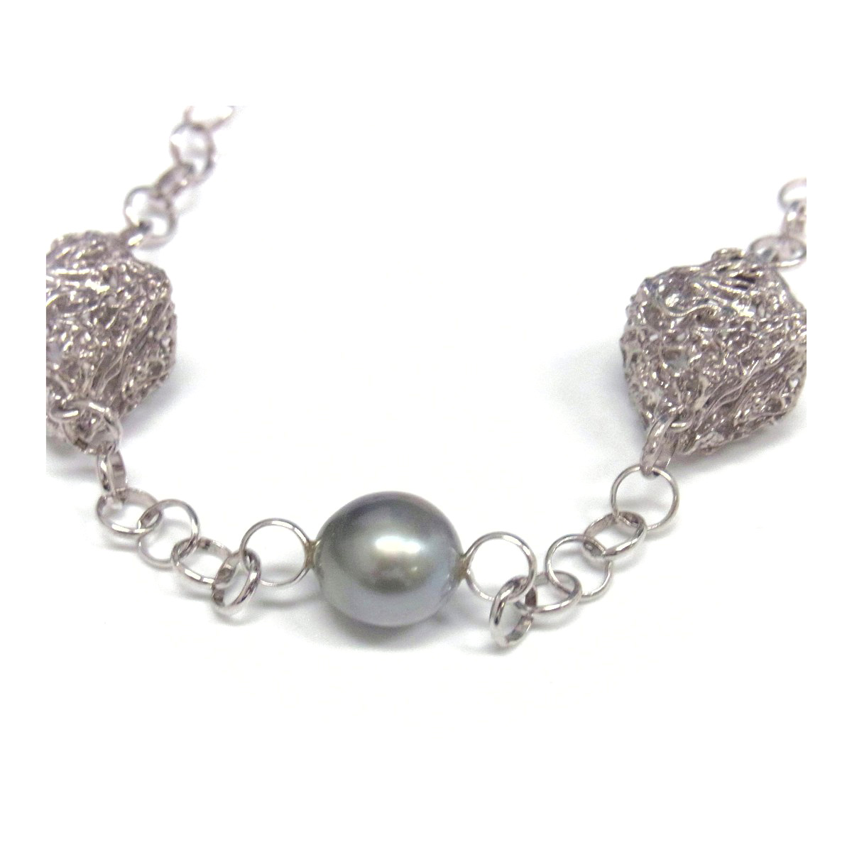 ブラックパールロングネックレス グレー系 黒蝶真珠 バロック タヒチ