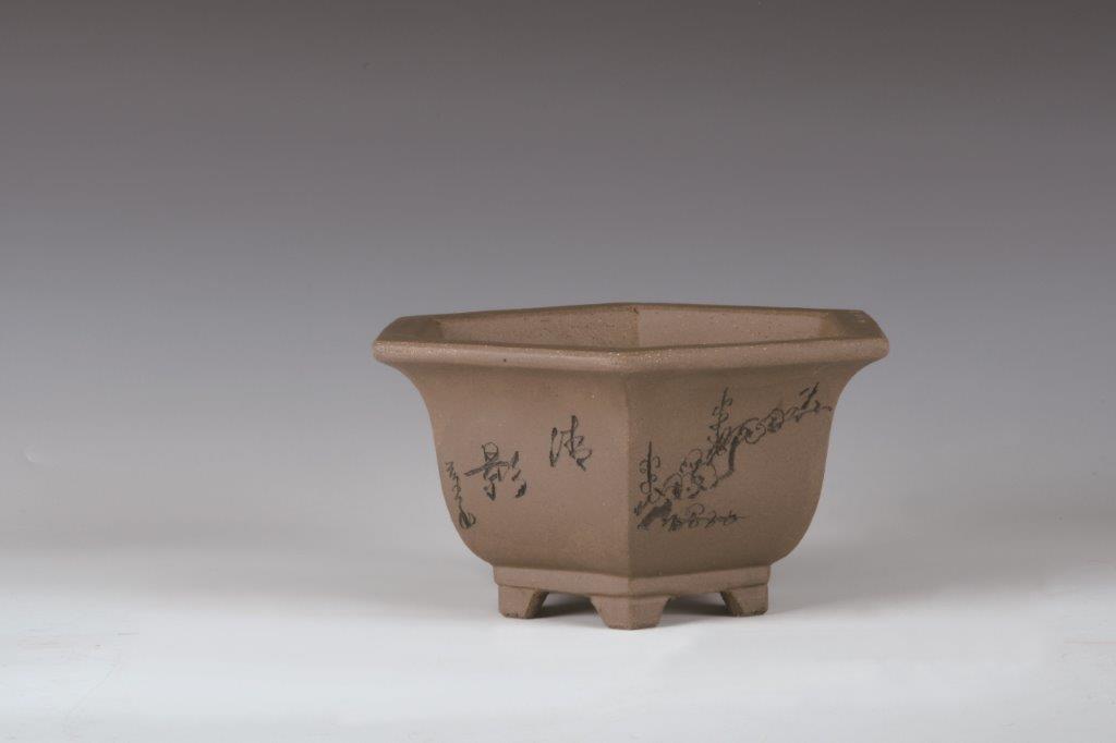 中国美術 朱泥 植木鉢 花盆 鐵画軒製 在銘 四方形 輪花形 一対(HA527)