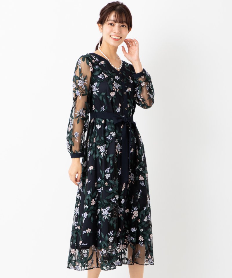 GRACE CONTINENTAL グレースコンチネンタル フラワー刺繍フレアドレス
