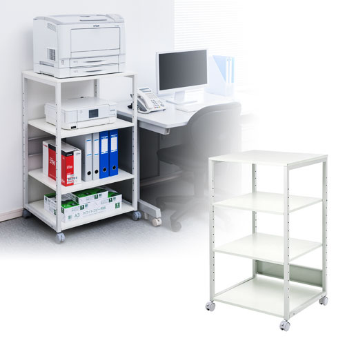 プリンター台（ラック・ワゴン・キャスター・収納・4段・木製・白