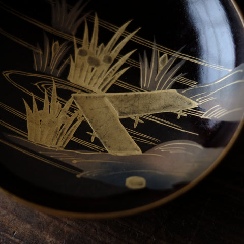 時代 八つ橋図金蒔絵 縁金溜塗 菓子皿 5客セット (明治期頃) – 逢季荘