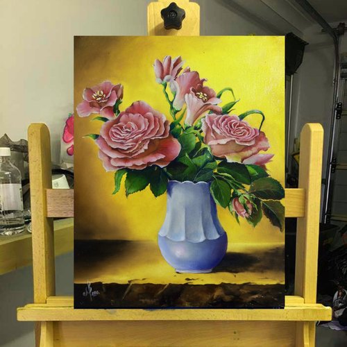 薔薇花瓶 油彩画 装飾フレーム付き 薔薇花瓶 油彩画 装飾フレーム付き