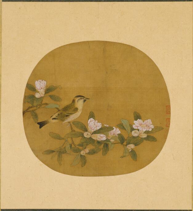 中国画 花鳥図 木枠扁額 【 牡丹に小禽図 】 落款名無 作者不詳 中国画