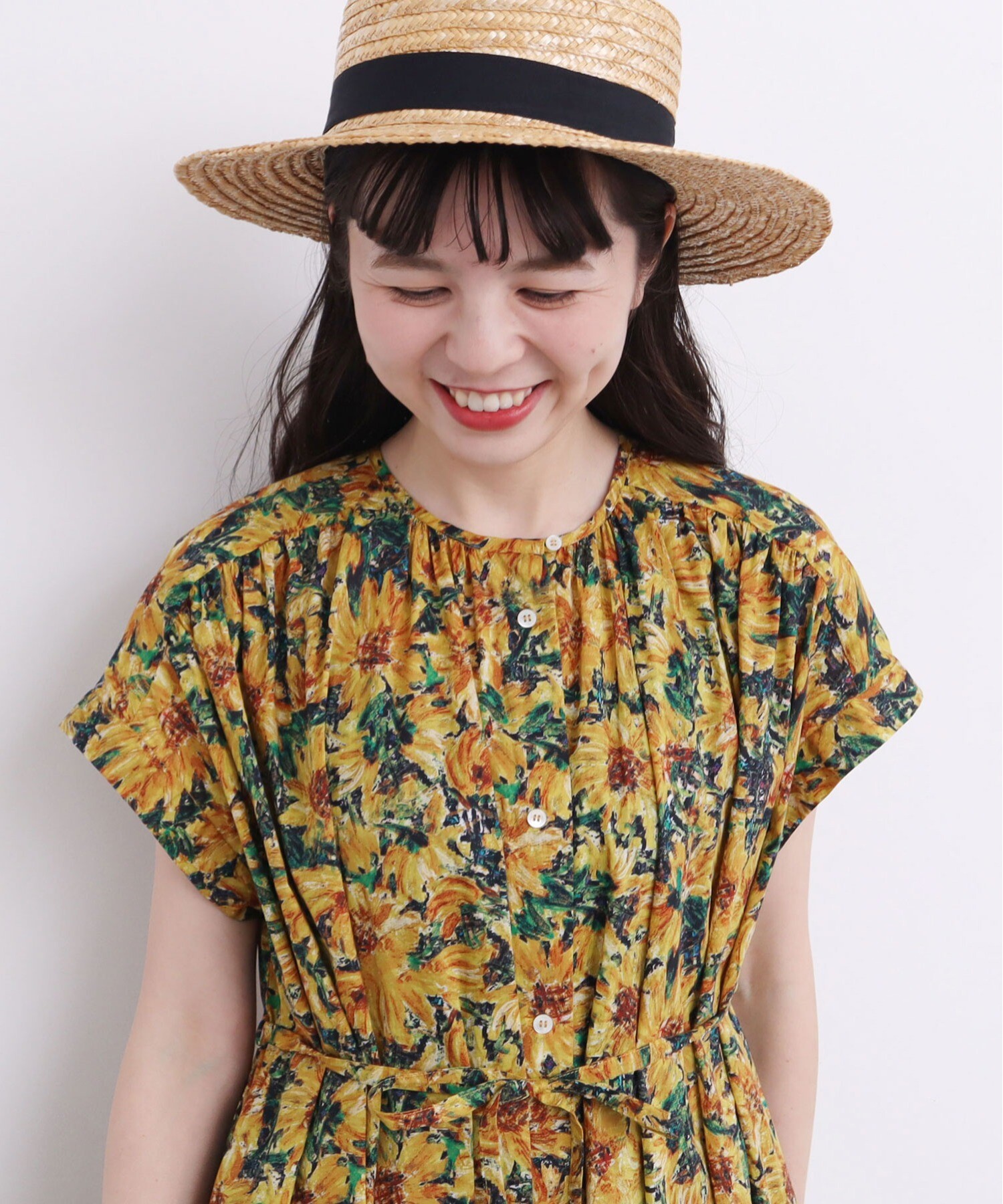 ひまわりチェックプリントワンピース