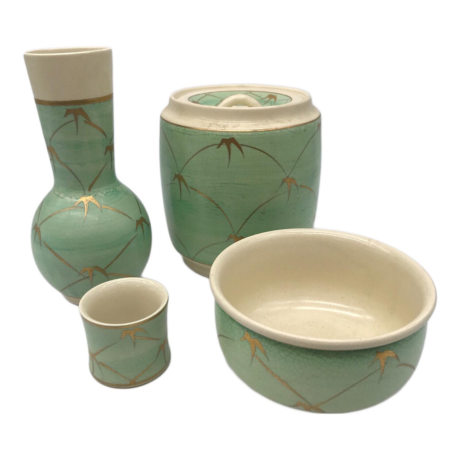 イ847 皆具『平安 景雲』『色絵竹文 台子皆具 共箱』水指 健水 蓋置 杓