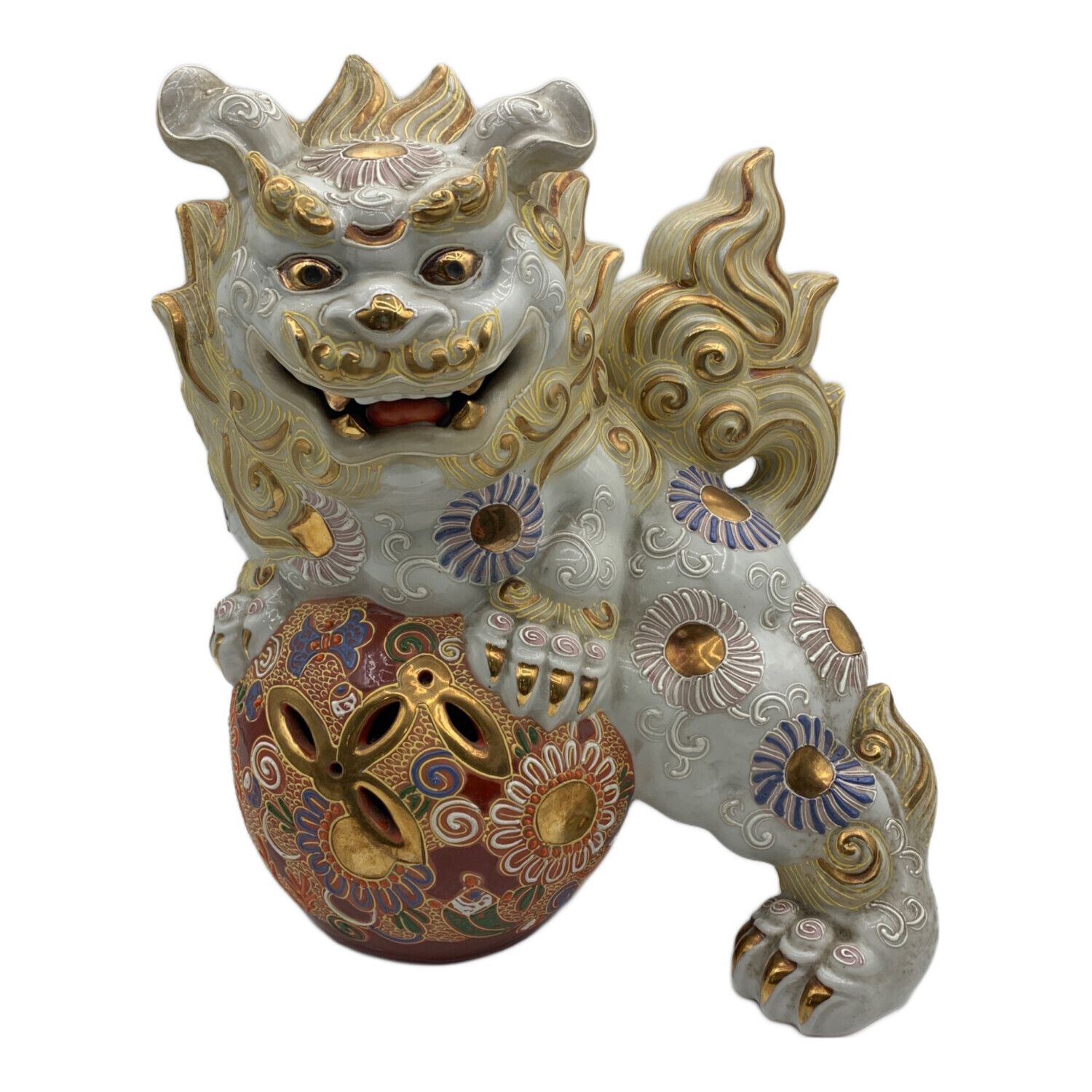 九谷焼 色絵金彩 玉乗り獅子 置物 床飾 高さ45㎝ 巾56㎝ 大型 BE948