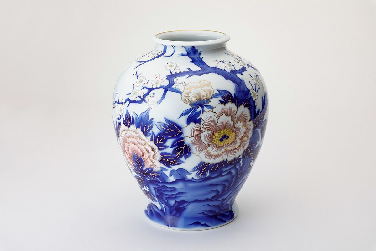 鍋島焼 染付牡丹図柄花瓶 櫛高台 幕末～明治期 古鍋島 染付