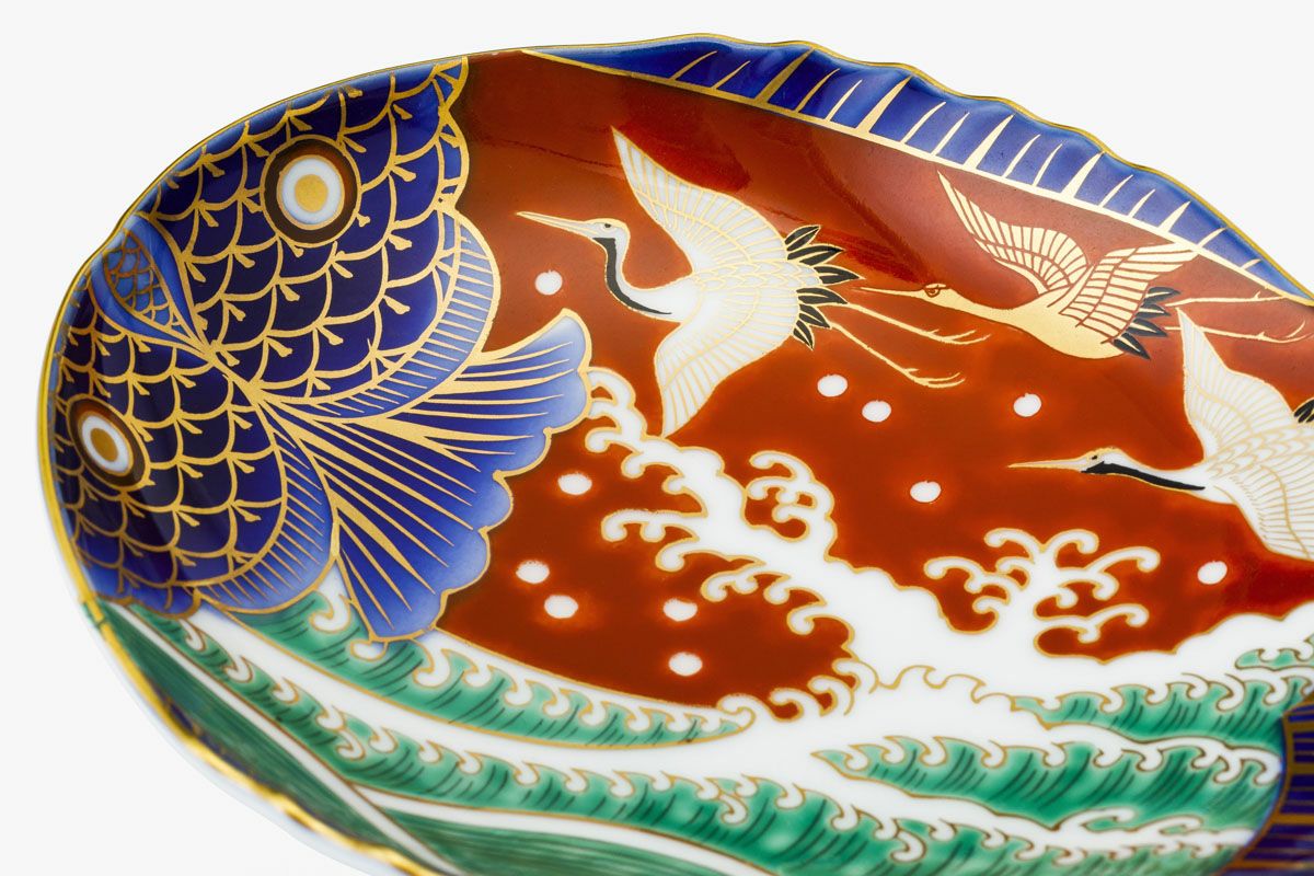 深川製磁 古伊万里鳳凰割地紋 魚型皿 古伊万里鳳凰割地紋 魚型皿