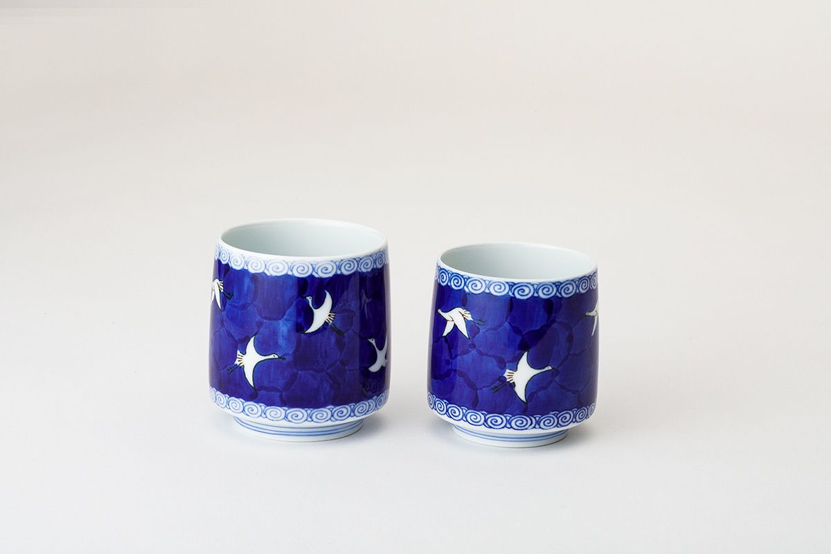 2019 深川製磁 染錦手波鶴紋 組湯呑 蓋付 未使用