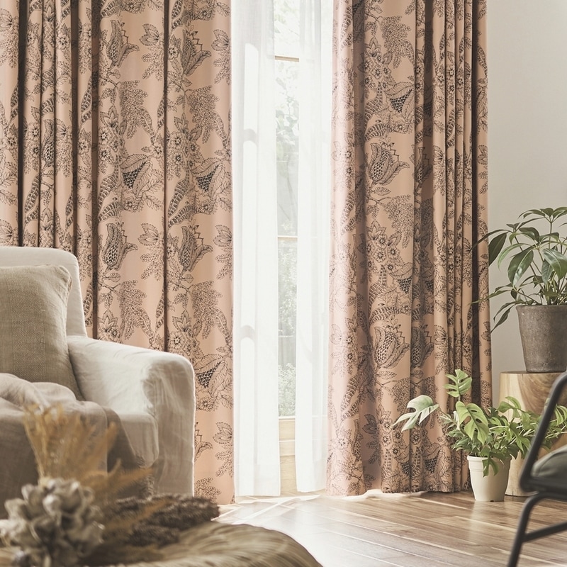 防炎＞落ち着いた雰囲気のエスニックデザインプリント遮光2級カーテン