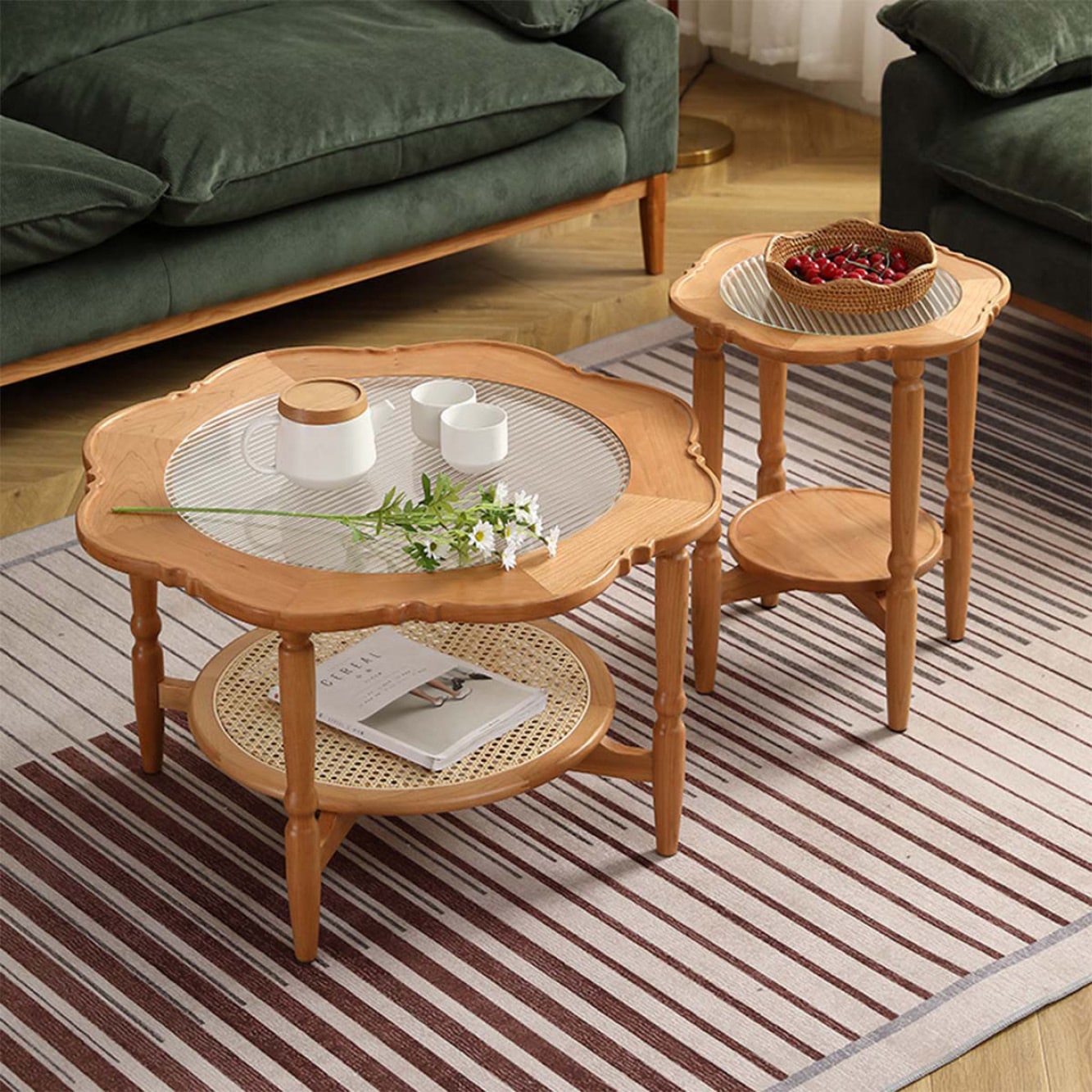 ヴィンテージ ガラス ラタン 籐 テーブル レトロ 丸 ラウンド z372